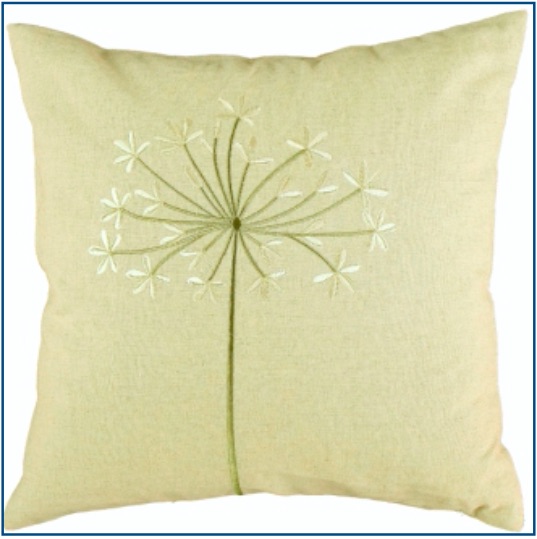 Linen cushion cover with green and beige dandelion design.