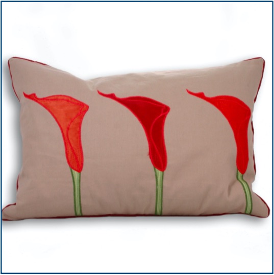 Rectangle taupe cushion cover with three orange and red lilies