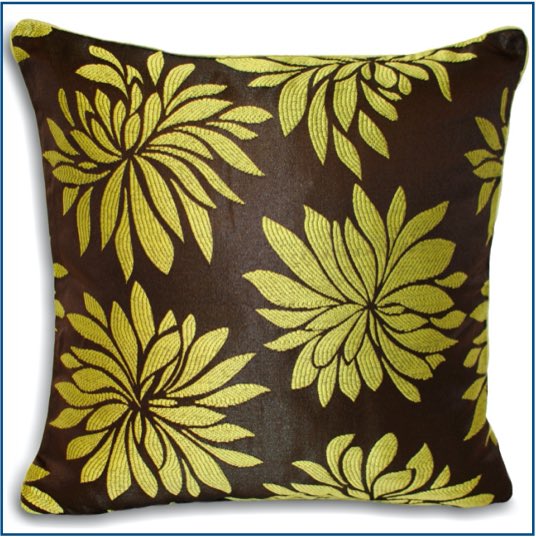 Brown cushion cover with green dahlia flowers