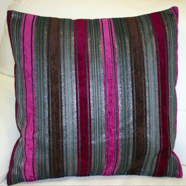 Textured, grey, brown, pink and purple striped cushion cover
