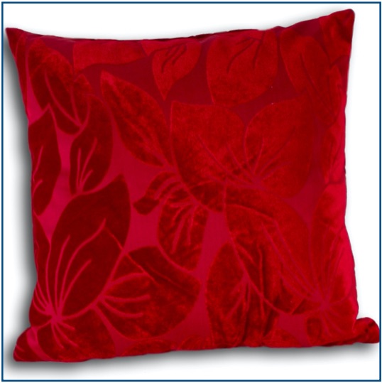 Red cushion cover with velvet leaf design