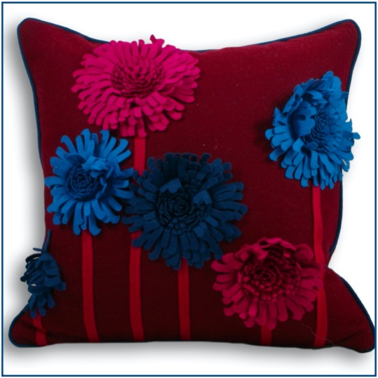 Damson felt cushion cover with blue and pink flowers