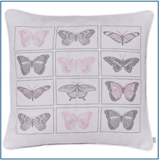 White cushion cover with pink and grey butterfly design