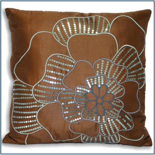 Quilted brown cushion cover with blue flower design and sequins