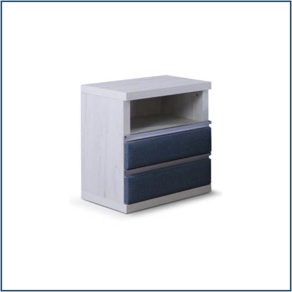 Wooden Bedside Table with 2 Upholstered Overlay Drawers & Shelf