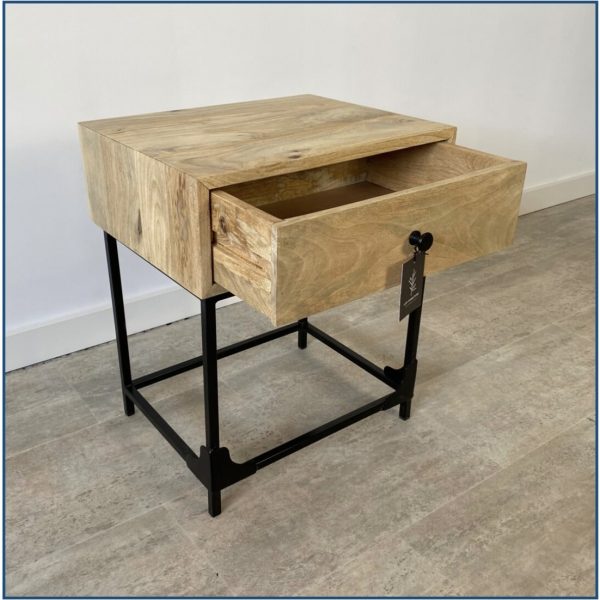 Wooden Bedside Table with Black Metal Legs