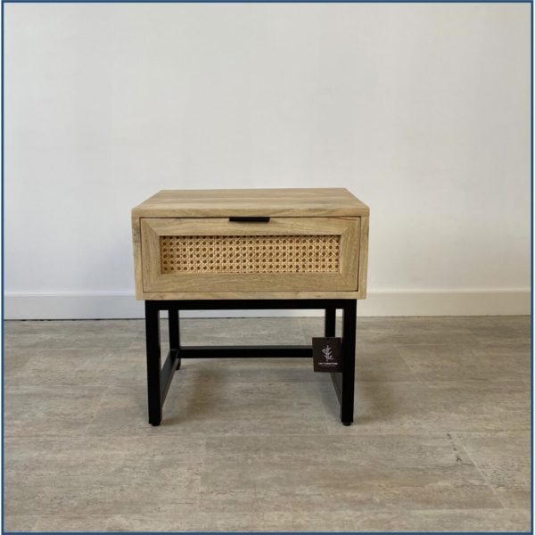 Wooden and Rattan Bedside Table with Black Metal Legs