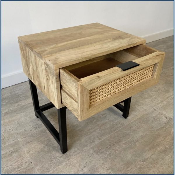 Wooden and Rattan Bedside Table with Black Metal Legs